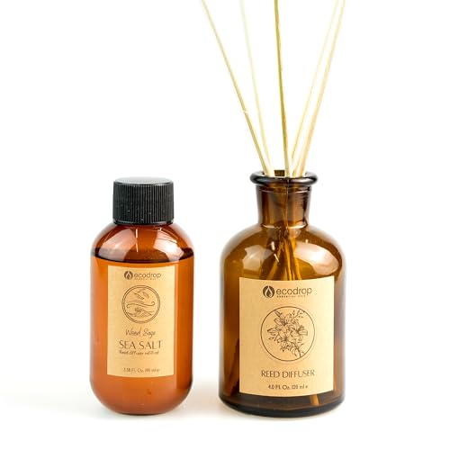 Ecodrop Holzsalbei & Meersalz Diffusor - 100ml | Frisch & salzig duftende Aromatherapie-Duftöl, Glasflasche & 6 Holz-Reed-Sticks | Büro & Zuhause Spa-Geschenk von ecodrop essential oils