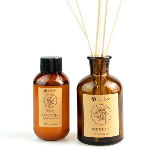 Ecodrop Lavendel Reed Diffusor Set - 100ml | Entspannende & beruhigende duftende Aromatherapie-Duftöl, Glasflasche & 6 Holz-Reed-Sticks | Zuhause Spa-Geschenk von ecodrop essential oils