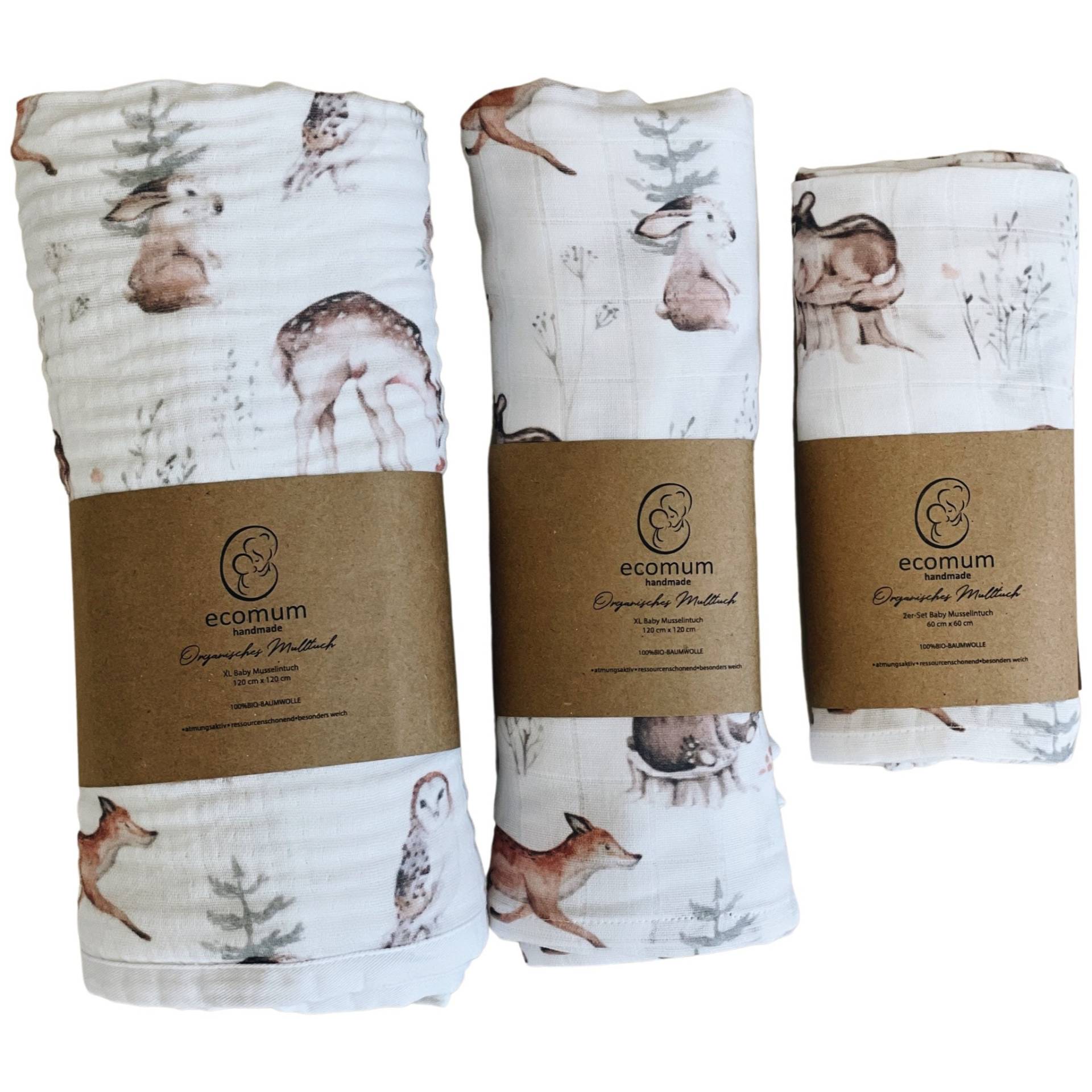 Bio - Musselintuch | Pucktuch Swaddle Mulltuch Spucktuch Stilltuch Schnuffeltuch Musselin Babydecke Wickeltuch Waldtiere von ecoma