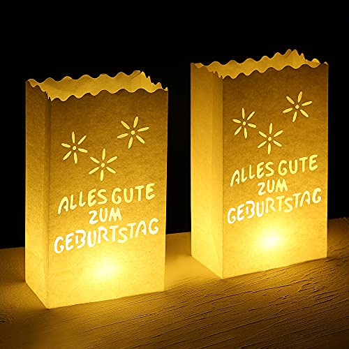 ecooe 10 STK. Lichttüten Alles Gute zum Geburtstag Candle Bags für Birthday Party Lichtertüten für Teelichter Kerzen Kerzentüten weiße - Tischdeko Geburtstag von ecooe