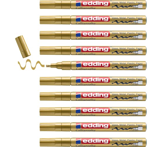 Edding 753 Kalligraphie Marker - Gold - 10 Lackmarker - Kalligraphiespitze 1-2,5 mm - für Glas, Stein, Kunststoff, Papier - wasserfest, sehr deckend - Schriftzüge, bujos von edding