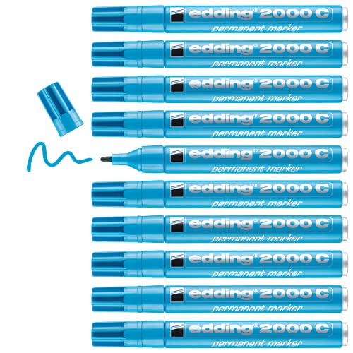 edding 2000 C Permanentmarker - hell-blau - 10 Stifte - Rund-Spitze 1,5-3 mm - schnell trocknender Permanent Marker - wasserfest, wischfest - für Karton, Kunststoff, Holz, Metall - Universalmarker von edding