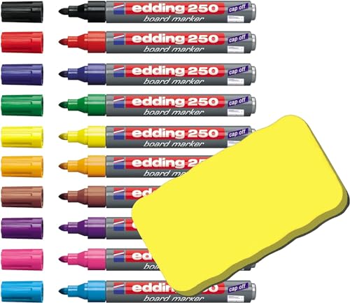 Edding 250 Whiteboard Marker mit Rundspitze, 1,5 - 3mm, geruchsarme Tinte (10 Farben sortiert + gelber Löscher) von edding