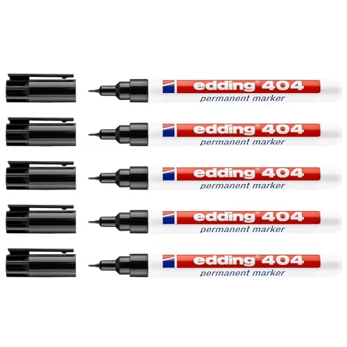 Edding Permanent Marker 404, schwarz, ultradünne Spitze, 0,75 mm, 5 Stück von edding