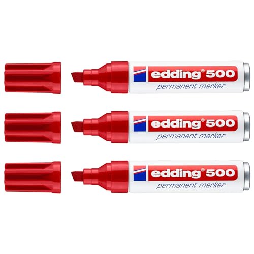 Edding Permanentmarker 500, Rot, breite Spitze, abgeschrägt, 2-7 mm, 3 Stück von edding