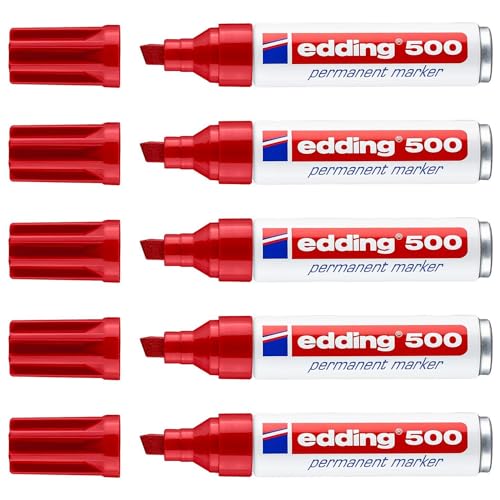 Edding Permanentmarker 500, Rot, breite Spitze, abgeschrägt, 2-7 mm, 5 Stück von edding