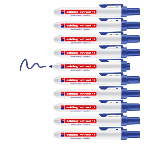 edding retract 11 Permanentmarker - blau - 10 Stifte - Rundspitze 1,5-3 mm - wasserfest, schnell-trocknend - Permanentmarker für einfache Einhandbedienung - für Karton, Kunststoff, Holz, Metall, Glas von edding