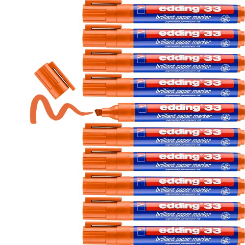 edding 33 Brillant-Papiermarker - orange - 10 Permanent Marker Wasserfest - Keilspitze 1-5 mm - Leuchtende Farben - Lichtbeständige Markierung auf Papier, Karton, Kunststoff, Metall Oder Glas von edding