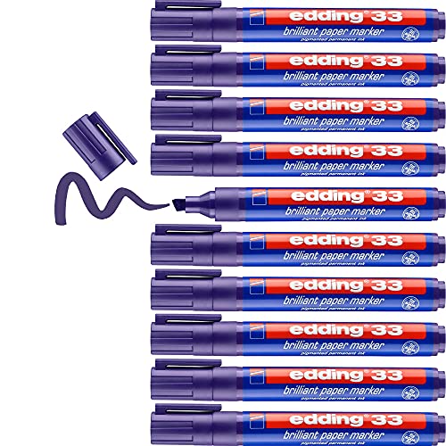 edding 33 Brillant-Papiermarker - Violett - 10 Permanent Marker Wasserfest - Keilspitze 1-5 mm - Leuchtende Farben - Lichtbeständige Markierung auf Papier, Karton, Kunststoff, Metall Oder Glas von edding