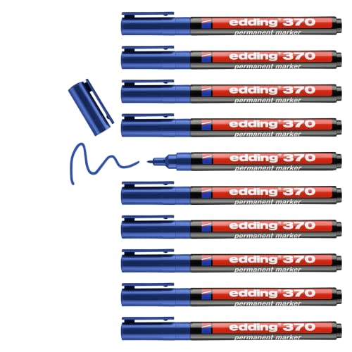 edding 370 Permanentmarker - blau - 10 Stifte - feine Rundspitze 1 mm - wasserfest, schnell-trocknend - Multimarker, Universalstift - für Karton, Kunststoff, Holz, Metall, Glas, Stein, Leinwand von edding