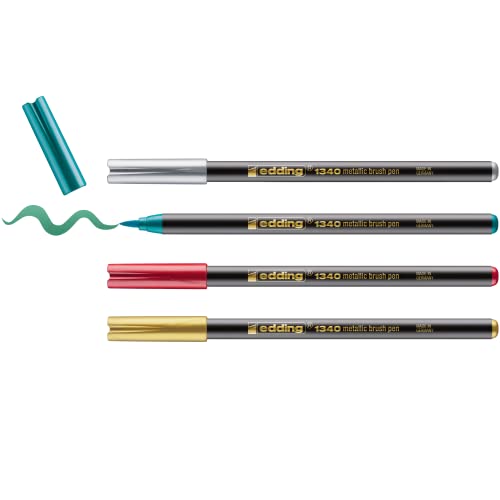 edding 1340 Metallic Pinselstift - Weihnachtsset - 4 Stifte - flexible Pinselfeder 1-6mm - Metallic-Marker zum Beschriften, Zeichnen und Skizzieren - hohe Deckkraft auch auf dunklem Papier von edding