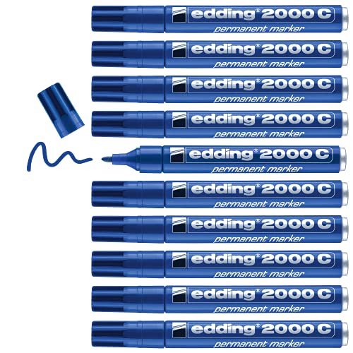 edding 2000 C Permanentmarker - blau - 10 Stifte - Rund-Spitze 1,5-3 mm - schnell trocknender Permanent Marker - wasserfest, wischfest - für Karton, Kunststoff, Holz, Metall - Universalmarker von edding