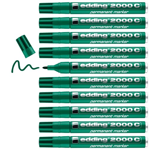 edding 2000 C Permanentmarker - grün - 10 Stifte - Rund-Spitze 1,5-3 mm - schnell trocknender Permanent Marker - wasserfest, wischfest - für Karton, Kunststoff, Holz, Metall - Universalmarker von edding