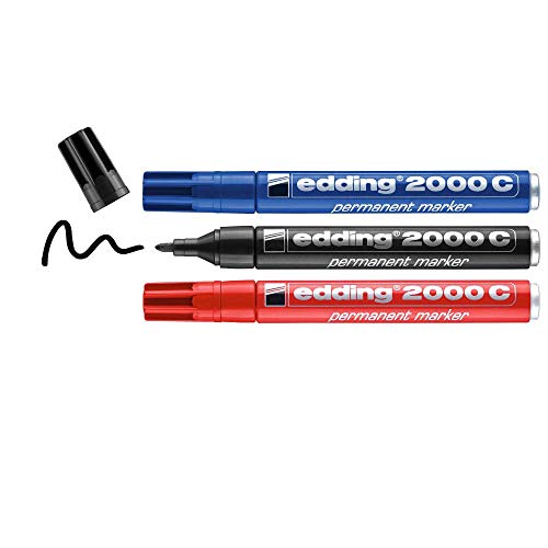 edding 2000 C Permanentmarker - schwarz rot blau - 3 Stifte - Rund-Spitze 1,5-3 mm - schnell trocknender Permanent Marker - wasserfest wischfest - für Karton Kunststoff Holz Metall - Universalmarker von edding