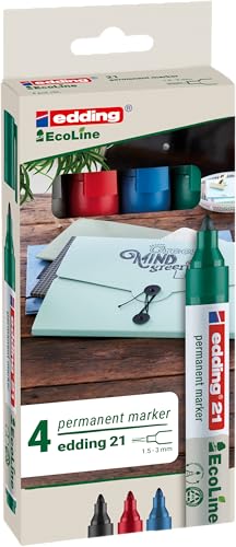 edding 21 Ecoline Permanentmarker Set - bunte Farben - 4 Stifte - Rundspitze 1,5-3mm - schnell trocknend - Permanent Marker - wasserfest, wischfest - Karton, Kunststoff, Holz, Metall - Universalmarker von edding