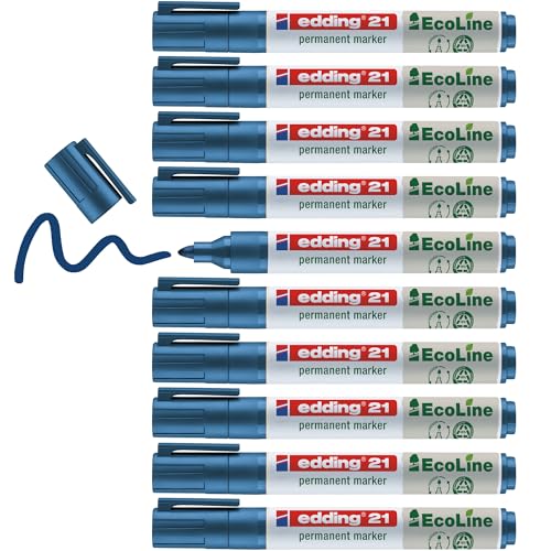 edding 21 Ecoline Permanentmarker - blau - 10 Stifte - Rund-Spitze 1,5-3 mm - schnell trocknender Permanent Marker - wasserfest, wischfest - für Karton, Kunststoff, Holz, Metall - Universalmarker von edding