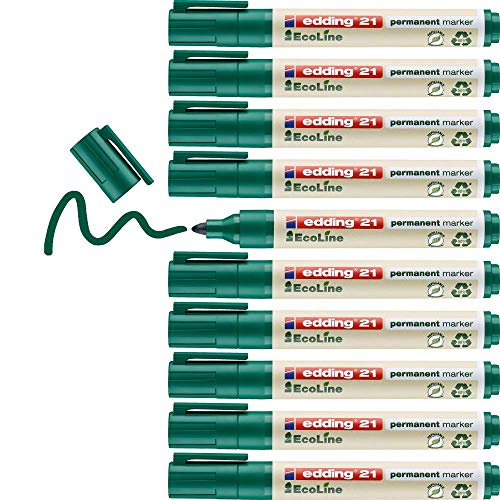 edding 21 Ecoline Permanentmarker - grün - 10 Stifte - Rund-Spitze 1,5-3 mm - schnell trocknender Permanent Marker - wasserfest, wischfest - für Karton, Kunststoff, Holz, Metall - Universalmarker von edding