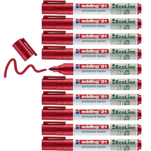 edding 21 Ecoline Permanentmarker - rot - 10 Stifte - Rund-Spitze 1,5-3 mm - schnell trocknender Permanent Marker - wasserfest, wischfest - für Karton, Kunststoff, Holz, Metall - Universalmarker von edding