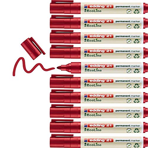 edding 21 Ecoline Permanentmarker - rot - 10 Stifte - Rund-Spitze 1,5-3 mm - schnell trocknender Permanent Marker - wasserfest, wischfest - für Karton, Kunststoff, Holz, Metall - Universalmarker von edding