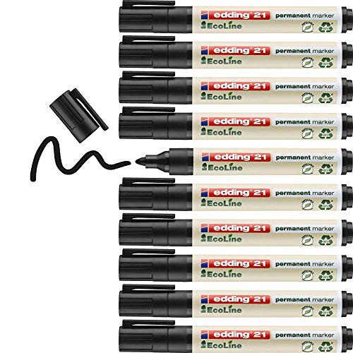 edding 21 Ecoline Permanentmarker - schwarz - 10 Stifte - Rund-Spitze 1,5-3 mm - schnell trocknender Permanent Marker - wasserfest, wischfest - für Karton, Kunststoff, Holz, Metall - Universalmarker von edding