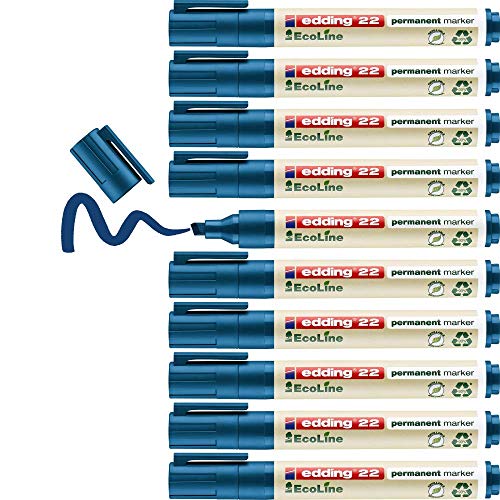 edding 22 Permanentmarker - blau - 10 Stifte - Keil-Spitze 1-5 mm - schnell trocknender Permanent Marker - wasserfest, wischfest - für Karton, Kunststoff, Holz, Metall - Universalmarker von edding