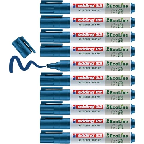 edding 22 Permanentmarker - blau - 10 Stifte - Keil-Spitze 1-5 mm - schnell trocknender Permanent Marker - wasserfest, wischfest - für Karton, Kunststoff, Holz, Metall - Universalmarker von edding