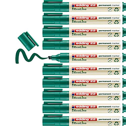 edding 22 Permanentmarker - grün - 10 Stifte - Keil-Spitze 1-5 mm - schnell trocknender Permanent Marker - wasserfest, wischfest - für Karton, Kunststoff, Holz, Metall - Universalmarker von edding