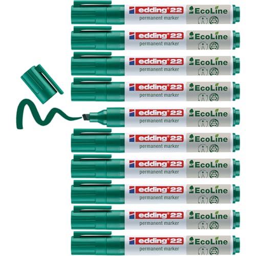 edding 22 Permanentmarker - grün - 10 Stifte - Keil-Spitze 1-5 mm - schnell trocknender Permanent Marker - wasserfest, wischfest - für Karton, Kunststoff, Holz, Metall - Universalmarker von edding