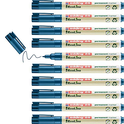 edding 25 Ecoline Permanentmarker - blau - 10 Stifte - Rund-Spitze 1 mm - schnell trocknender Permanent Marker - wasserfest, wischfest - für Karton, Kunststoff, Holz, Metall - Universalmarker von edding