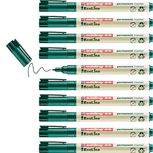 edding 25 Ecoline Permanentmarker - grün - 10 Stifte - Rund-Spitze 1 mm - schnell trocknender Permanent Marker - wasserfest, wischfest - für Karton, Kunststoff, Holz, Metall - Universalmarker von edding