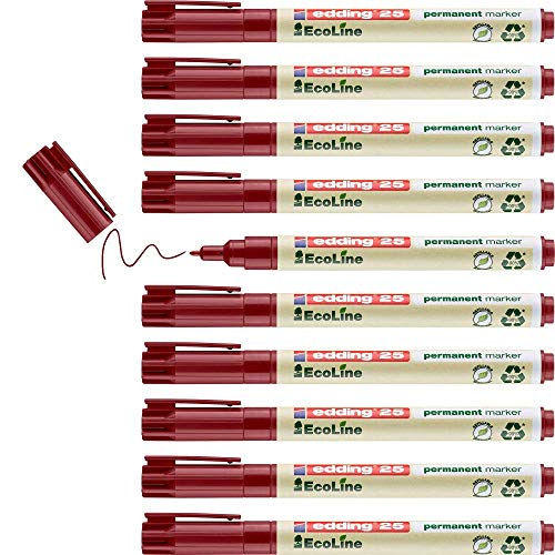 edding 25 Ecoline Permanentmarker - rot - 10 Stifte - Rund-Spitze 1 mm - schnell trocknender Permanent Marker - wasserfest, wischfest - für Karton, Kunststoff, Holz, Metall - Universalmarker von edding