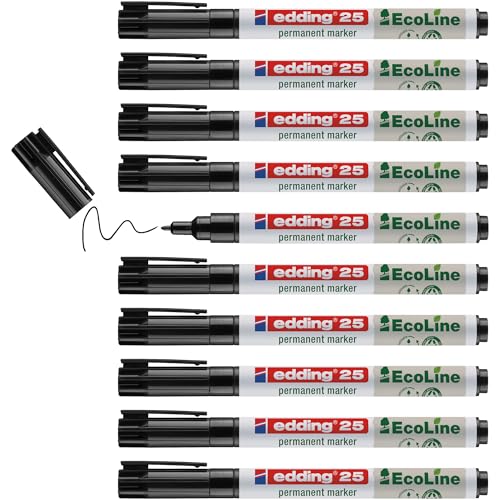 edding 25 Ecoline Permanentmarker - schwarz - 10 Stifte - Rund-Spitze 1 mm - schnell trocknender Permanent Marker - wasserfest, wischfest - für Karton, Kunststoff, Holz, Metall - Universalmarker von edding