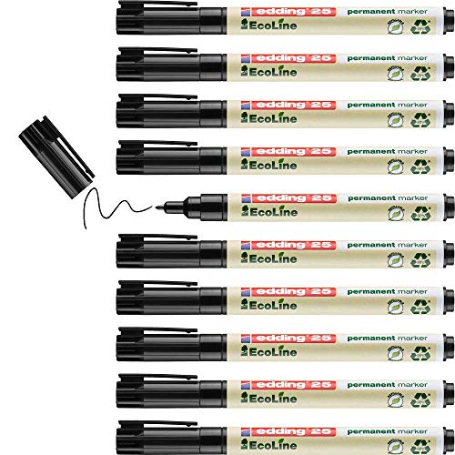 edding 25 Ecoline Permanentmarker - schwarz - 10 Stifte - Rund-Spitze 1 mm - schnell trocknender Permanent Marker - wasserfest, wischfest - für Karton, Kunststoff, Holz, Metall - Universalmarker von edding