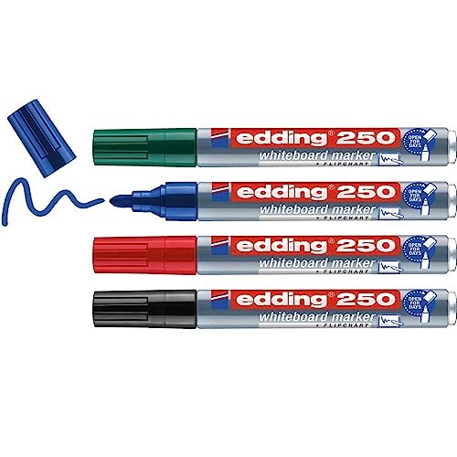 edding 250 Whiteboardmarker Set - bunte Farben - 4 Whiteboard Stifte - Rundspitze 1,5-3 mm - Boardmarker abwischbar - für Whiteboard, Flipchart, Magnettafel, Memoboard - Sketchnotes - nachfüllbar von edding