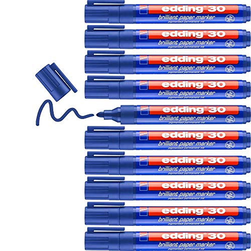 edding 30 Brillant-Papiermarker - blau - 10 Permanent Marker wasserfest - Rundspitze 1,5-3 mm - leuchtende Farben - lichtbeständige Markierung auf Papier, Karton, Kunststoff, Metall oder Glas von edding