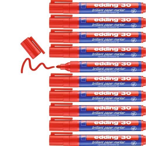 edding 30 Brillant-Papiermarker - rot - 10 Permanent Marker wasserfest - Rundspitze 1,5-3 mm - leuchtende Farben - lichtbeständige Markierung auf Papier, Karton, Kunststoff, Metall oder Glas von edding