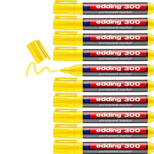 edding 300 Permanentmarker - gelb - 10 Stifte - Rundspitze 1,5-3 mm - wasserfest, schnell-trocknend - wischfest - für Karton, Kunststoff, Glas, Holz, Metall, Glas von edding