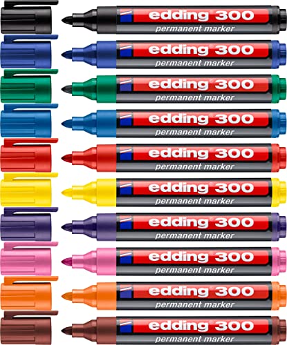 edding 300 Permanentmarker -10 Farben - 10 Stifte - Rundspitze 1,5-3 mm - wasserfest, schnell-trocknend - wischfest - für Karton, Kunststoff, Glas, Holz, Metall, Glas von edding