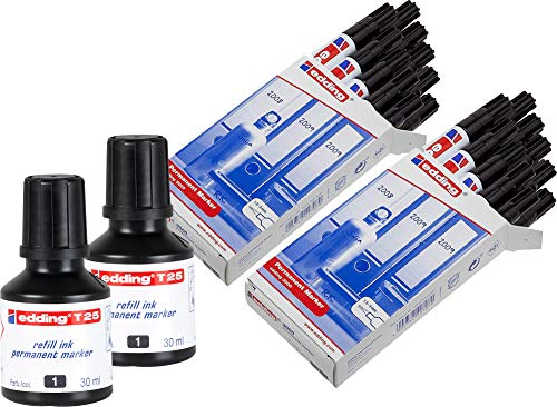 edding 3000 Permanent-Marker schwarz, 20er Pack + 2x 30ml Nachfülltinte (schwarz) von edding