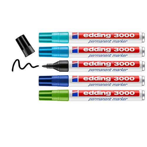 edding 3000 Permanentmarker - 3x blau, 1x grün, 1x schwarz - 5er Set - Rund-Spitze 1,5-3 mm - schnell trocknend, wasserfest, wischfest - für Karton, Kunststoff, Holz, Metall - Universalmarker von edding