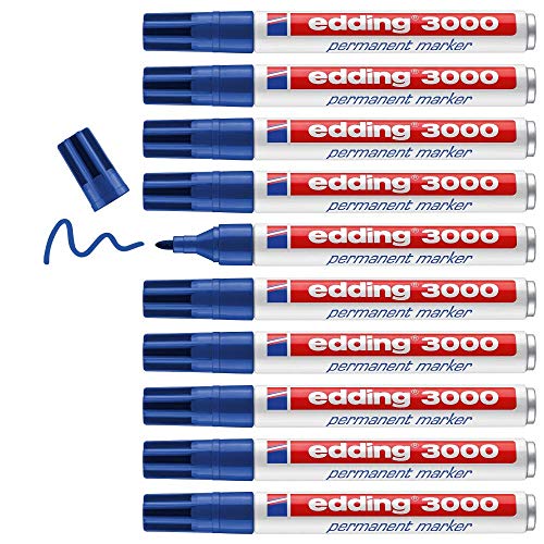 edding 3000 Permanentmarker - blau - 10 Stifte - Rund-Spitze 1,5-3 mm - schnell trocknender Permanent Marker - wasserfest, wischfest - für Karton, Kunststoff, Holz, Metall - Universalmarker von edding