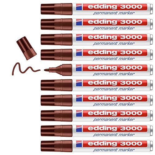 edding 3000 Permanentmarker - braun - 10 Stifte - Rund-Spitze 1,5-3 mm - schnell trocknender Permanent Marker - wasserfest, wischfest - für Karton, Kunststoff, Holz, Metall - Universalmarker von edding