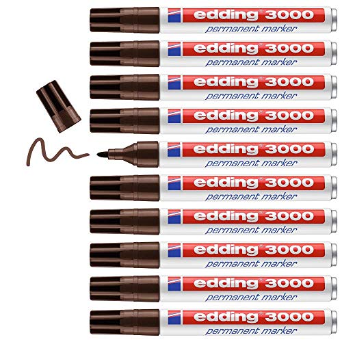 edding 3000 Permanentmarker - dunkel-braun - 10 Stifte - Rund-Spitze 1,5-3 mm - schnell trocknender Permanent Marker - wasserfest, wischfest - für Karton, Kunststoff, Holz, Metall - Universalmarker von edding