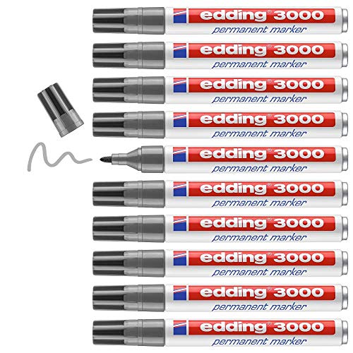 edding 3000 Permanentmarker - grau - 10 Stifte - Rund-Spitze 1,5-3 mm - schnell trocknender Permanent Marker - wasserfest, wischfest - für Karton, Kunststoff, Holz, Metall - Universalmarker von edding