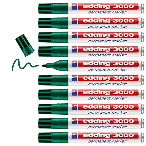 edding 3000 Permanentmarker - grün - 10 Stifte - Rund-Spitze 1,5-3 mm - schnell trocknender Permanent Marker - wasserfest, wischfest - für Karton, Kunststoff, Holz, Metall - Universalmarker von edding