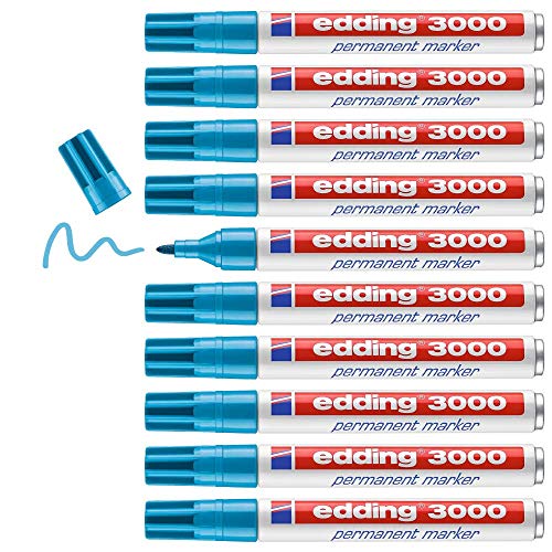 edding 3000 Permanentmarker - hell-blau - 10 Stifte - Rund-Spitze 1,5-3 mm - schnell trocknender Permanent Marker - wasserfest, wischfest - für Karton, Kunststoff, Holz, Metall - Universalmarker von edding