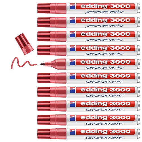 edding 3000 Permanentmarker - karmin-rot - 10 Stifte - Rund-Spitze 1,5-3 mm - schnell trocknender Permanent Marker - wasserfest, wischfest - für Karton, Kunststoff, Holz, Metall - Universalmarker von edding