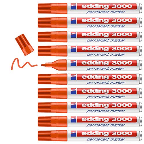 edding 3000 Permanentmarker - orange - 10 Stifte - Rund-Spitze 1,5-3 mm - schnell trocknender Permanent Marker - wasserfest, wischfest - für Karton, Kunststoff, Holz, Metall - Universalmarker von edding