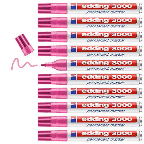 edding 3000 Permanentmarker - pink - 10 Stifte - Rund-Spitze 1,5-3 mm - schnell trocknender Permanent Marker - wasserfest, wischfest - für Karton, Kunststoff, Holz, Metall - Universalmarker von edding