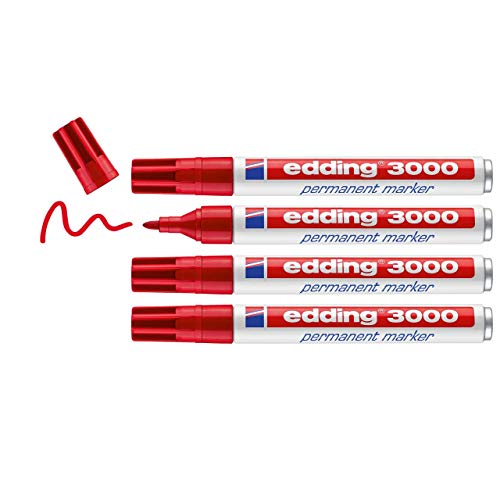 edding 3000 Permanentmarker - rot - 4 Stifte - Rund-Spitze 1,5-3 mm - schnell trocknender Permanent Marker - wasserfest, wischfest - für Karton, Kunststoff, Holz, Metall - Universalmarker von edding